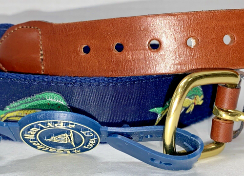 Leder Herren bestickt blaues Band grün gelb Mahi Fisch Gürtel 34 NEU mit Etikett - Bild 4 von 7