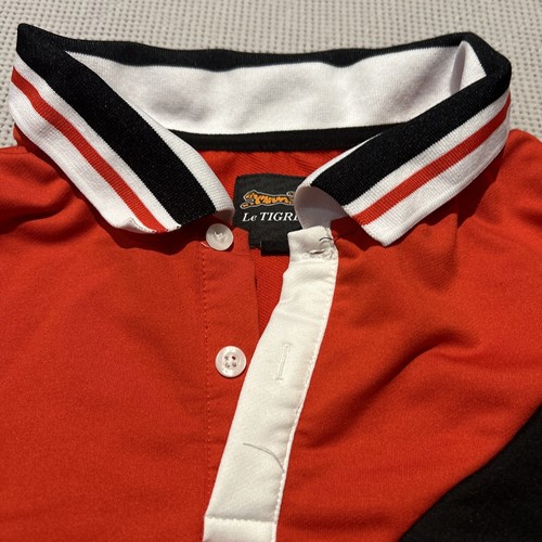 Le Tigre Rugby Black Red White Striped Pullover Quarter Button Vintage - Picture 7 of 8