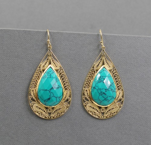 Solid 925 Sterling Silver Jewelry Pear Turquoise Drop Earring SE3299 - Picture 2 of 8
