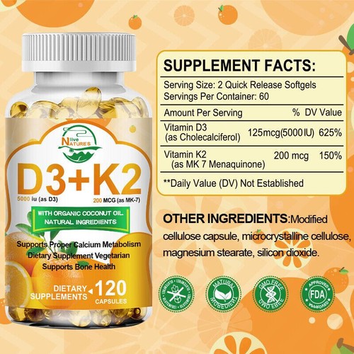 1X Vitamin D3 + K2 Supplement Softgels 120Caps for Bone Health Boost Energy New - Picture 2 of 8