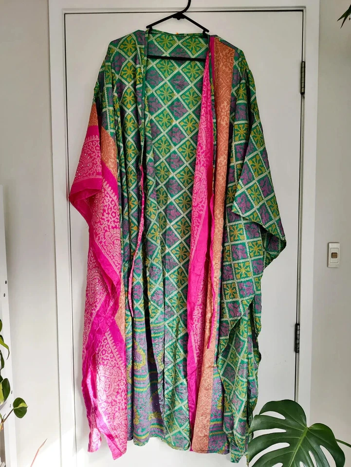 5 Piezas Vestido Largo Kimono Mujer Sari de Seda Vintage Indio Hecho a Mano Foto 3 de 4