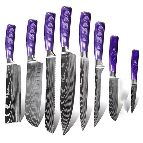 10PC Kitchen Knife Set Japanese Damascus pattern Chef Knives Cleaver Purple - Picture 28 of 41