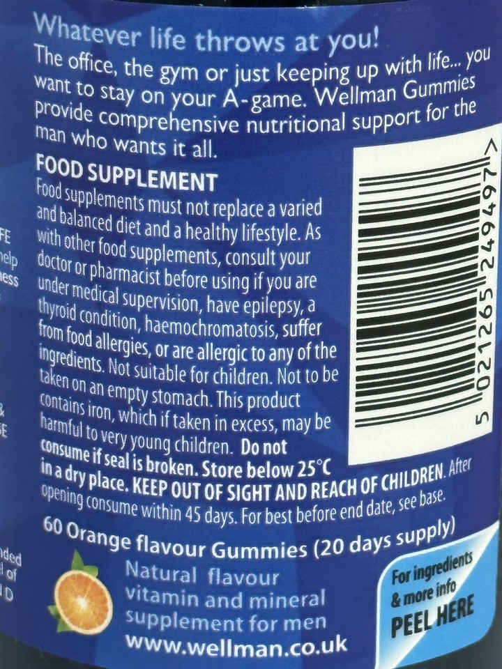 Vitabiotics Wellman MultiVitamin 2 X 60 = 120 Gummies Vegan Orange