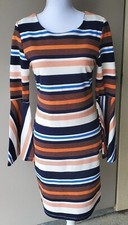 SUGAR LIPS Dress Womens Medium Orange Blue Brown Striped Bell Sleeve Bodycon