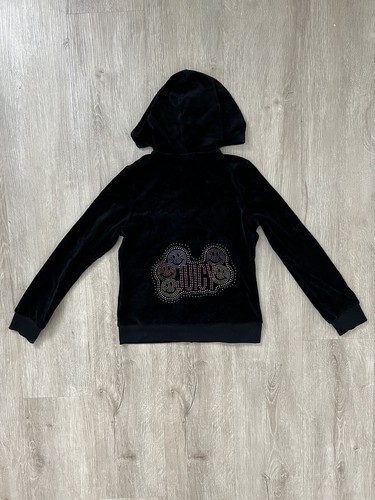JUICY COUTURE Black Velour Hoodie Track Jacket Girls 8/10 Rhinestone Smiley Y2K