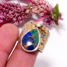 Copper Azurite Chrysocolla, White Topaz 925 Sterling Silver Ring s.9 Sku16