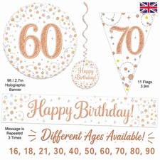 Rose Gold Sparkling Fizz Holographic Foil Birthday Banners, Bunting & Balloons