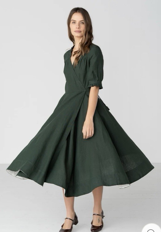 NWT Son de Flor Darcy Linen Wrap Dress Evergreen Size Small image 2