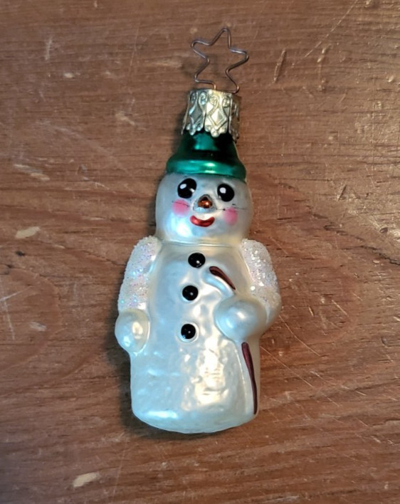 INGE GLAS Snowman Ornament Green Cap & Cane ~ Blown Glass