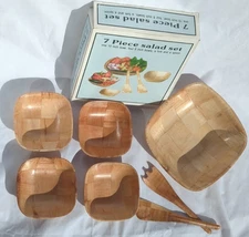 Salad Set 7 Piece Sq Serving Bowl 4 Individual Bowls Fork Spoon NIB