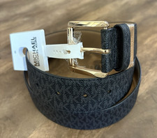 NWT Michael Kors Belt Black Gold MK Logo 32MM Pebble Leather Belt M