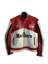 Marlboro Giacca Pelle Vintage Racing Rosso Bianco Pelle di Vacchetta Biker