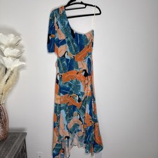 FARM RIO One Shoulder Tropical Toucan Midi Dress Size Large Ruffle Vaca Resort