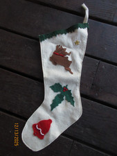 Vintage Felt Christmas Stocking Reindeer, Holly, Bell