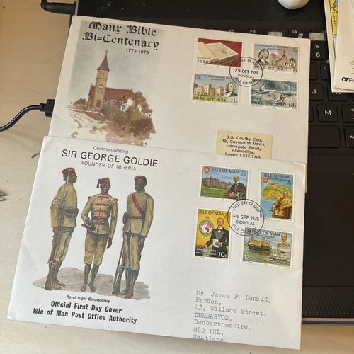 ISLE OF MAN FDC 2 FIRST DAY COVERS 1975 MANX BIBLE BI-CENT. +GEORGE GOLDIE TYPED