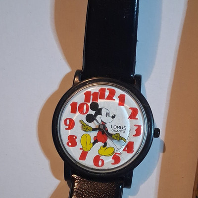 Lorus Quartz Mickey Mouse Cartoon Dial Kids Watch, Water-Resistant Black Leather