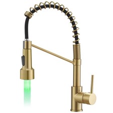 Modern Gold Kitchen Faucet with Sprayer, Pull Down Single Handle LED Light, Brus
