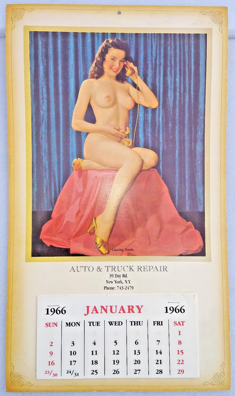 1966 Buxom Pin Up Lady Calendar Auto Truck Repair 39 Day Rd New York City 10x16