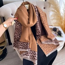 Camel Leopard Print Oversized Blanket Scarf Shawl Wrap Soft Winter Fringe 79"