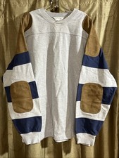 Orvis Rugby Striped Heavy Elbow Patch Grey Cotton Pull Over Sweatshirt Mens XL