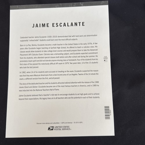 SFSTAMPS US Scott 5100 Jaime Escalante Sheet Of 20 Forever Stamps MNH 2016 - Picture 2 of 2