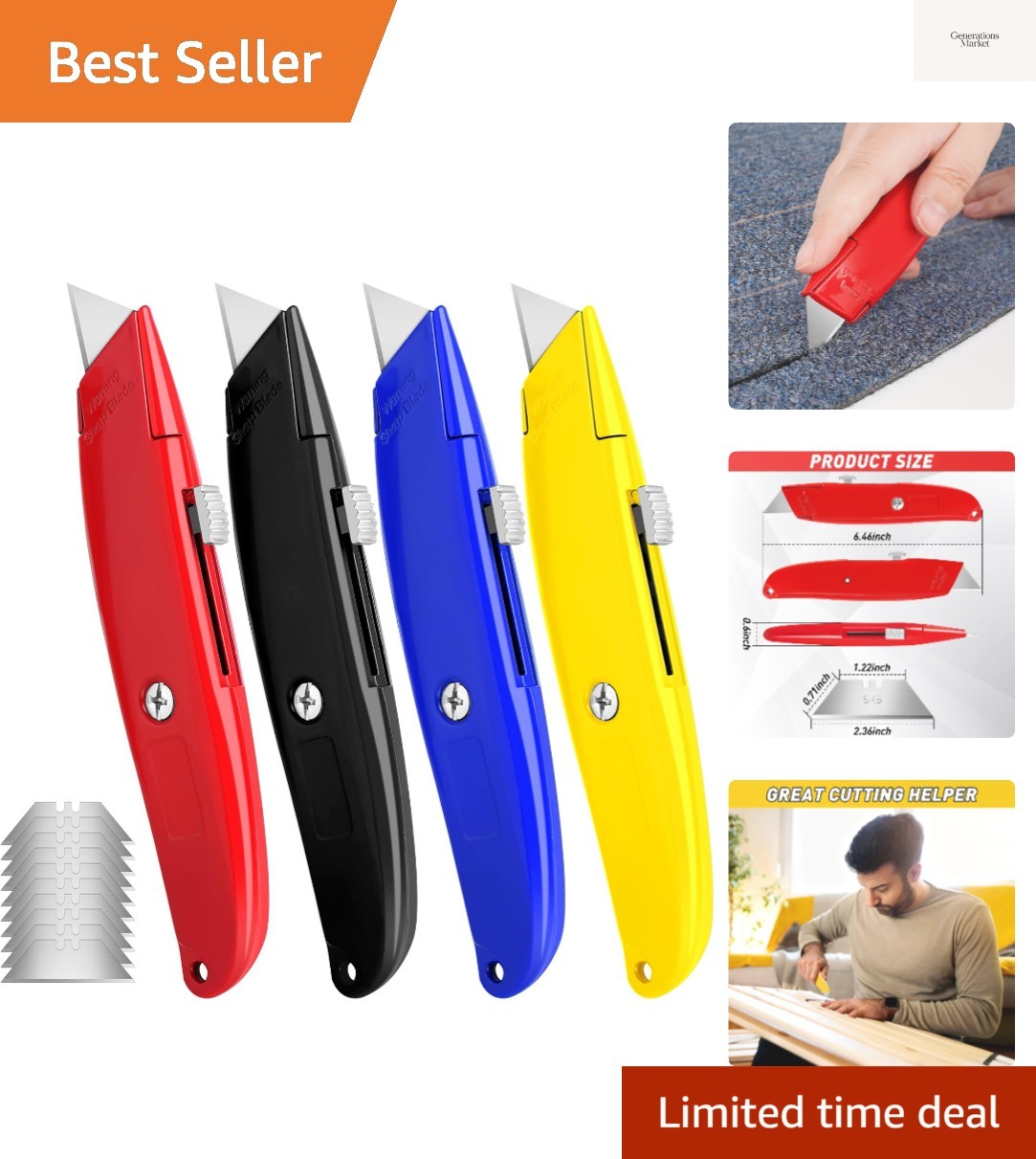 4 Pack Box Cutter, Utility Knife, with 10 Extra SK5 Blades, Aluminum Shell Bo...