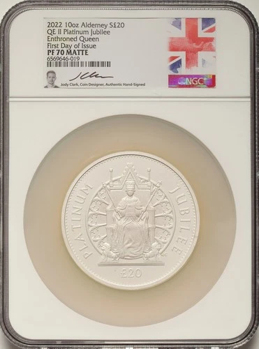 2022 Alderney Silver 10oz £20 QE II Platinum Jubilee NGC PF70 Matte FDI Sig