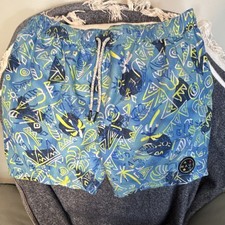 Maui and Sons Swim Shorts Mens XL Geometric Blue Drawstring Elastic Waist Mesh