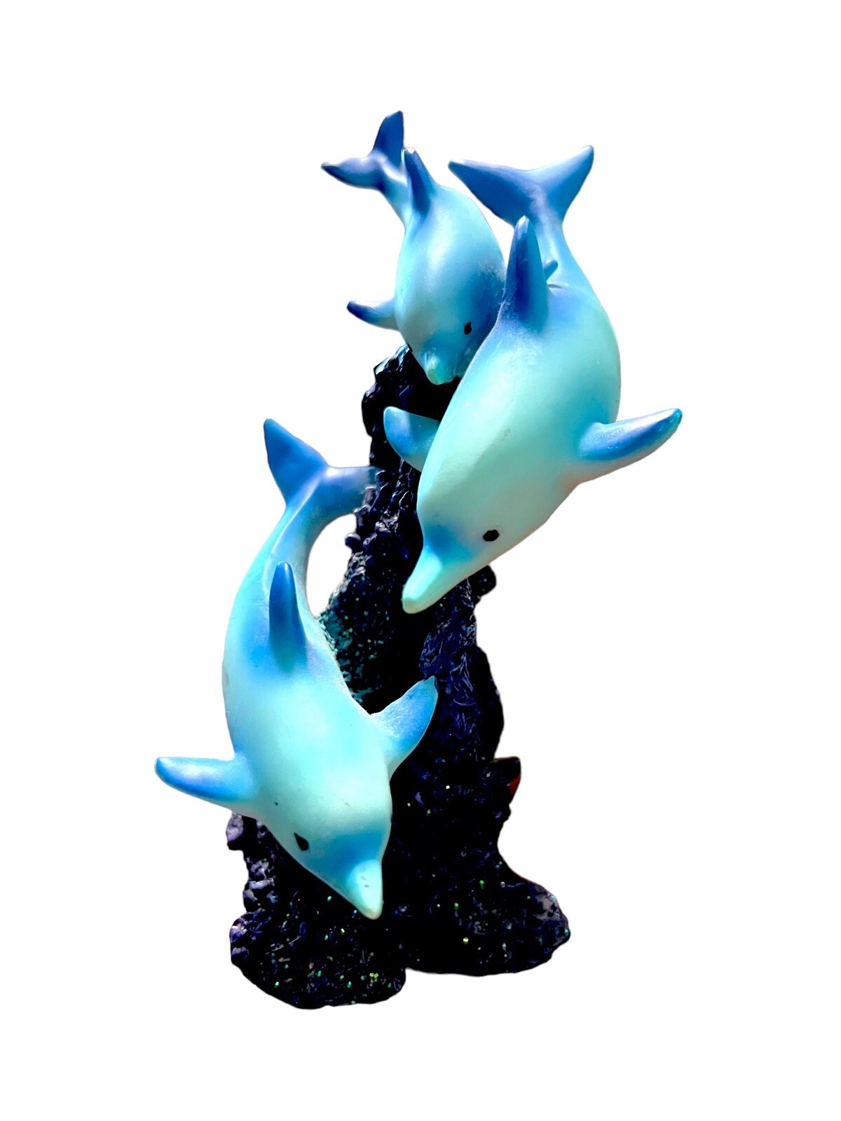 3 Blue Dolphins Swimming Around Coral Statue Sea Life Figurine Room Decor 6 3/8”