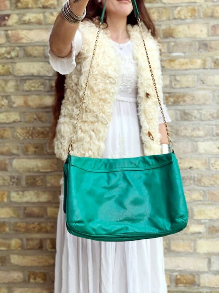 Large ZARA LEATHER BAG HIPPIE GREEN Boho Purse Gold Chain Punk Steampunk big - Image 4 of 4