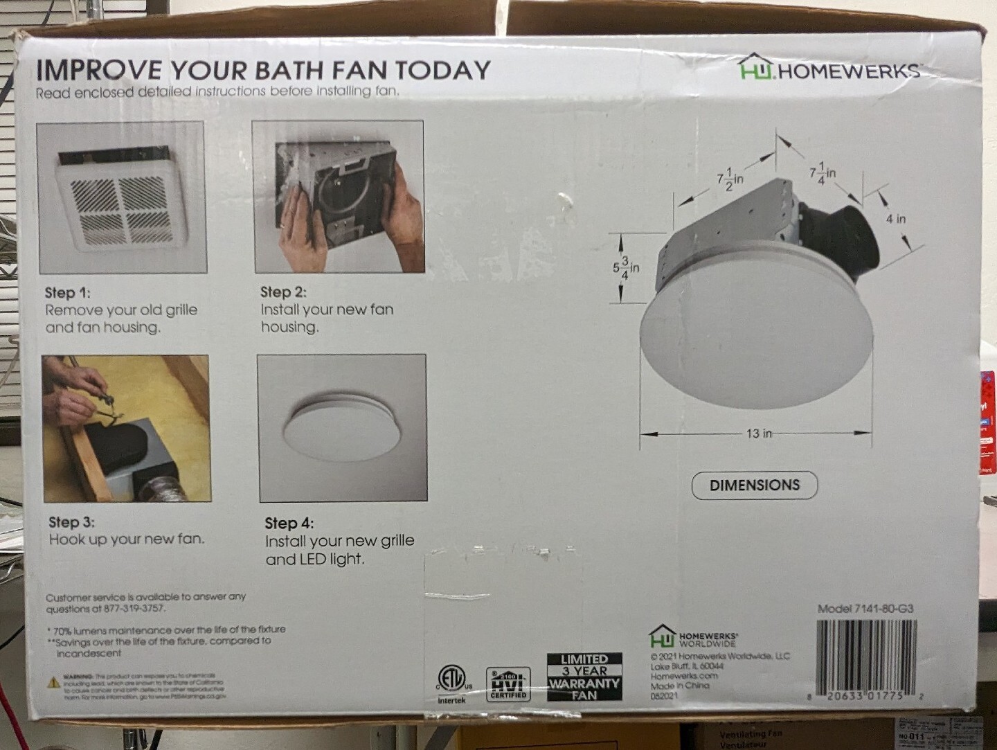 HomeWerks 714180G3 80CFM Bathroom Ventilation Fan With Dimmable LED