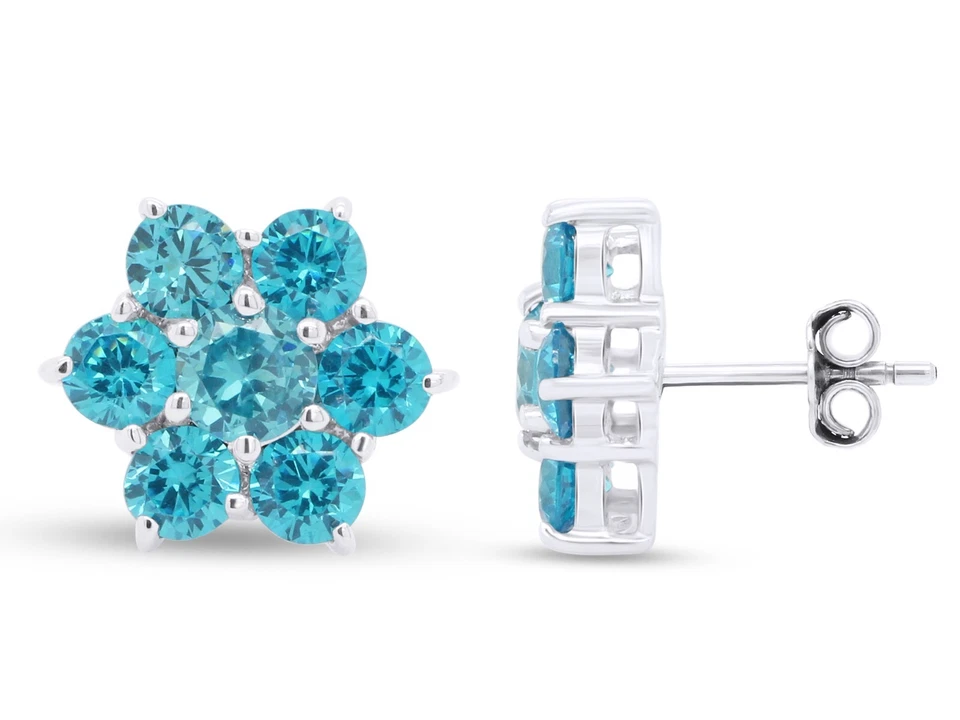 Aretes Flor Corte Redondo Topacio Azul Simulado Chapados en Oro 14K Foto 3 de 4