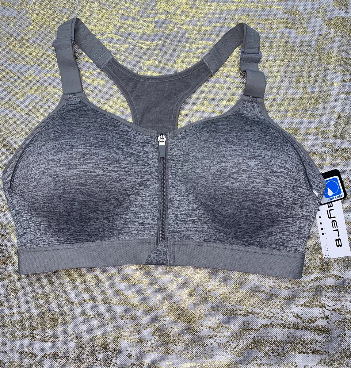 LAYER 8 MAXIMUM SUPPORT SIZE 1XL Sports Bra HEATHER GRAY Fitted Front Zipper-NEW