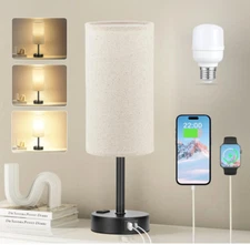 Beige Touch Table Lamp for Bedroom - 3 Way Dimmable Bedside Lamp USB C Charging