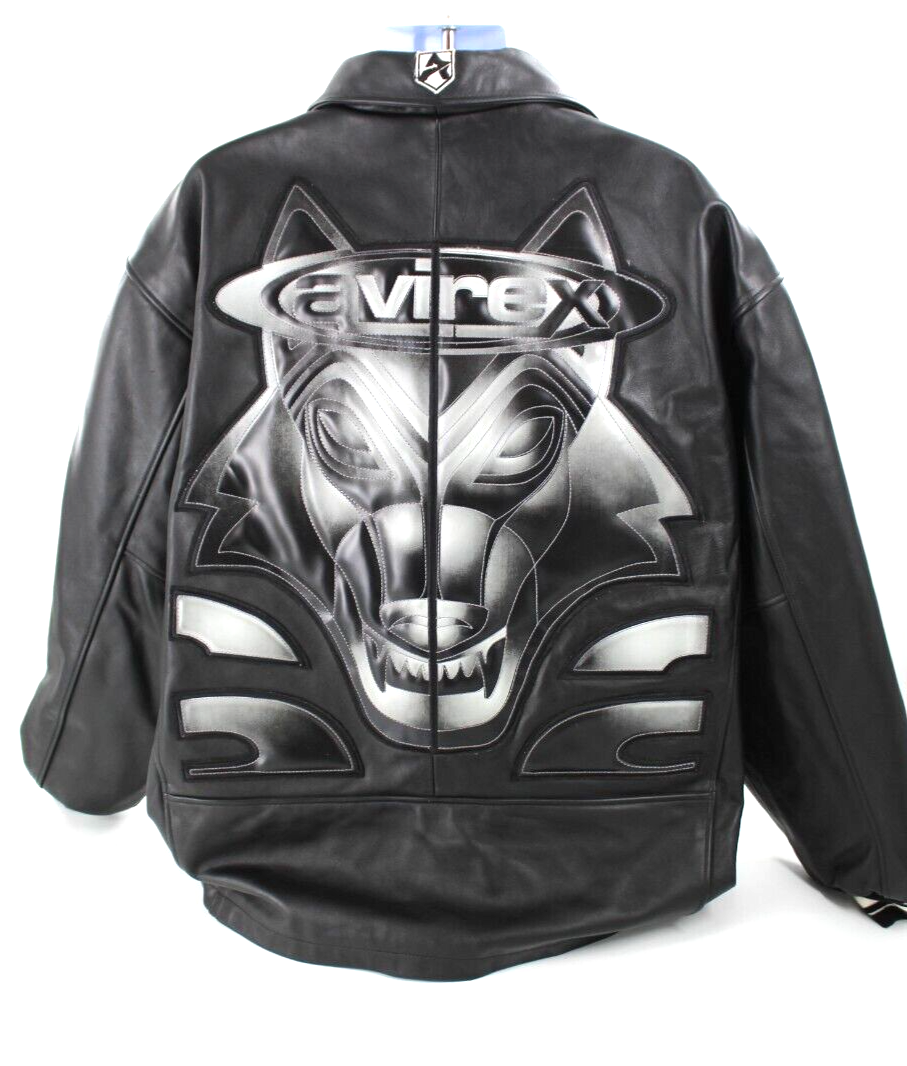 VTG Avirex Wolf Face Black Leather Jacket Men's 4XL 90's Hip Hop