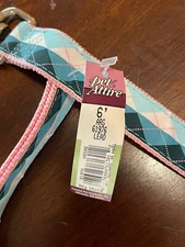 New Coastal Pet Attire Dog Lead Nylon Swivel Clasp Pink/Blue Argyle Ribbon 6’x1”