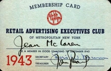 1943  New York City  Retail Advertising Executives Club Membership Card