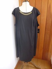 RONNI NICOLE BRASS CHAIN DETAIL BLACK SMART STRETCH CREPE PARTY DRESS 24 W PLUS