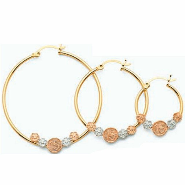 14k Tri Tone Gold Hoop Earrings 15 Quinceañera Oro Aretes Quince Años