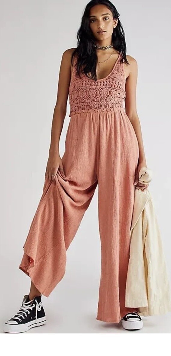 Free People Soleil Pink Crochet Gauze Sleeveless Jumpsuit, Small