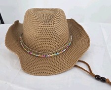 Women  s Straw Cowboy Hat w/ Turquoise Beaded Band   Summer Beach Western Coastal