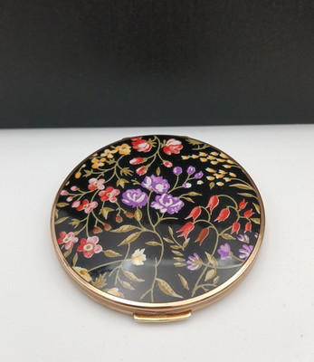 Vintage Stratton Powder Mirror Compact Floral Black Enamel Gold Tone READ