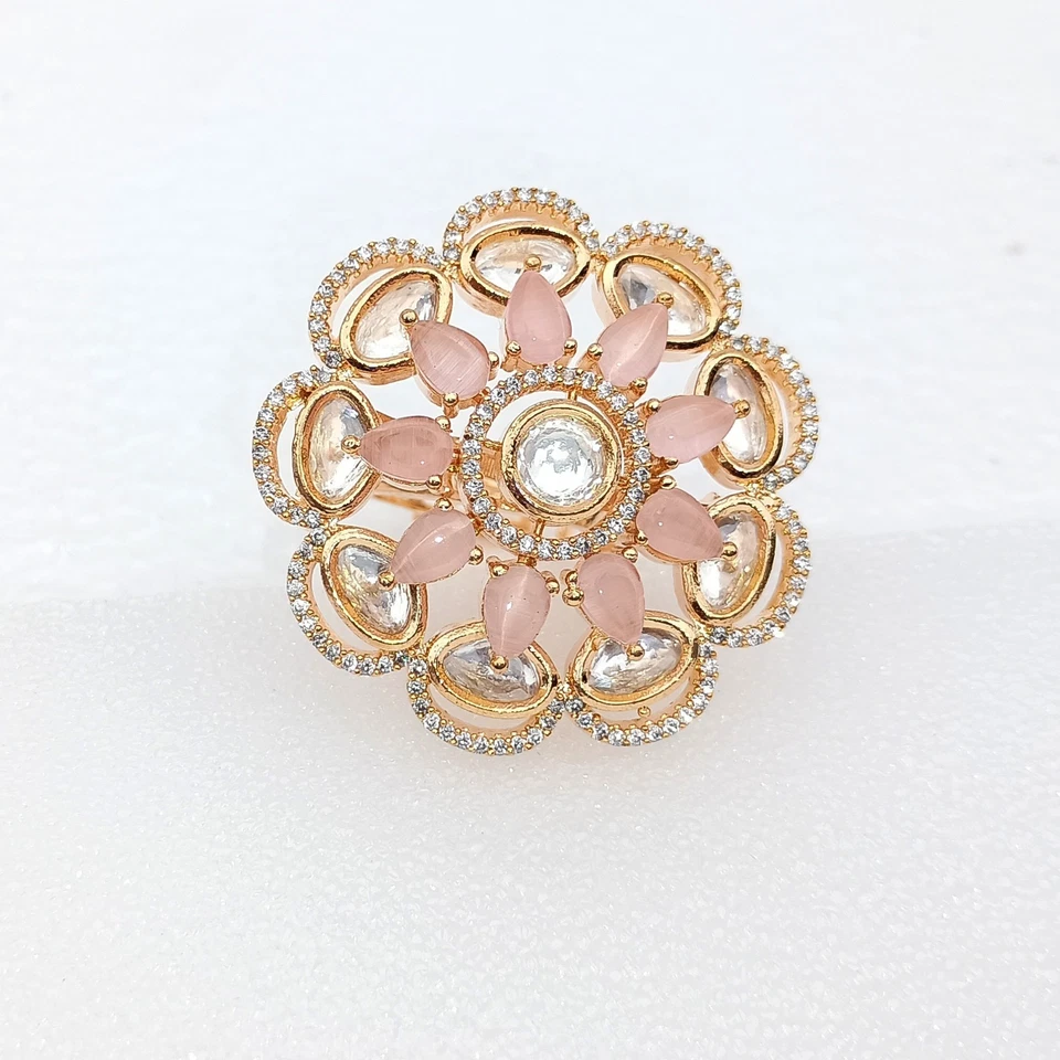 Anillo ajustable de cuarzo rosa con circonita cúbica enchapado en oro joya de compromiso de fiesta nupcial para mujer Foto 4 de 4