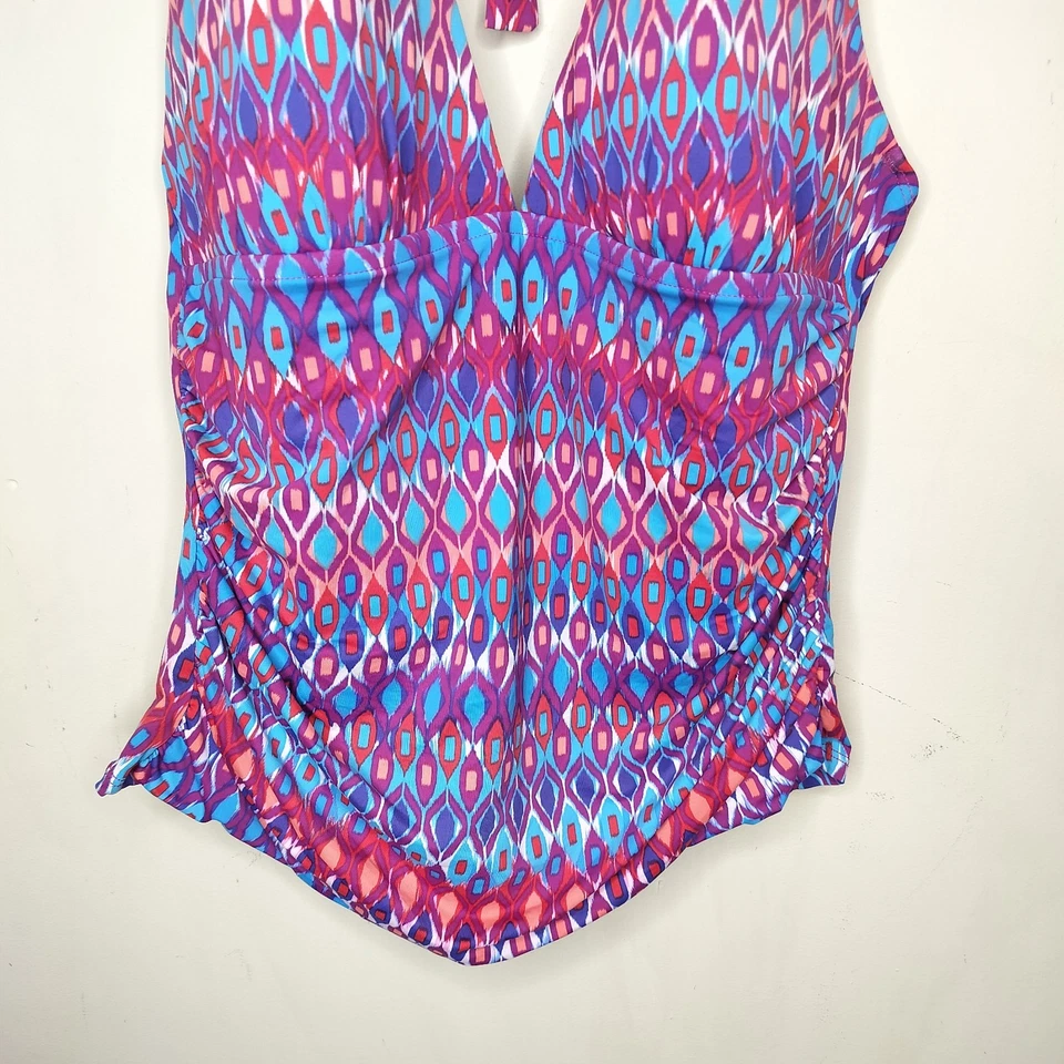 Top de baño La Blanca Tankini talla 12 para mujer rosa azul púrpura halter geométrico Foto 3 de 4