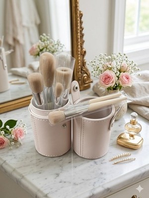 Beige & White Makeup Brush Set Wooden Handle Synthetic Fiber Pink Holder