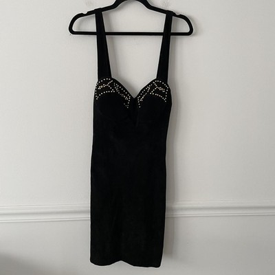 NWT VTG 90 s Firenze Santa Barbara Black Suede Leather Studded Mini Dress Size S