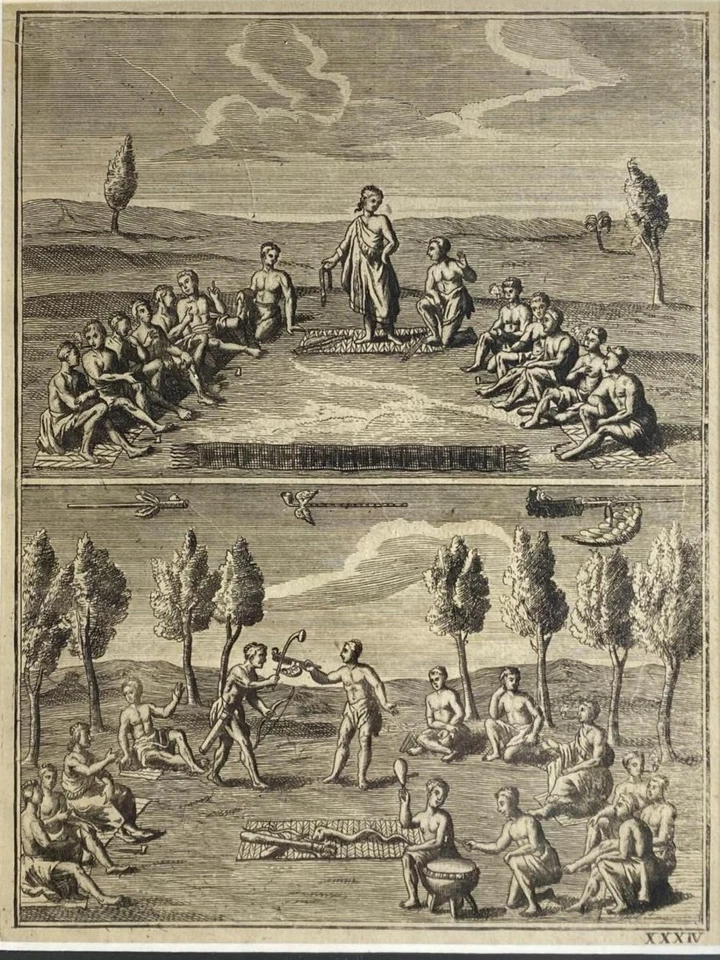 Creite & Fiteau 1731 grabado de juegos de entierro y ceremonia iroqueses Foto 2 de 4