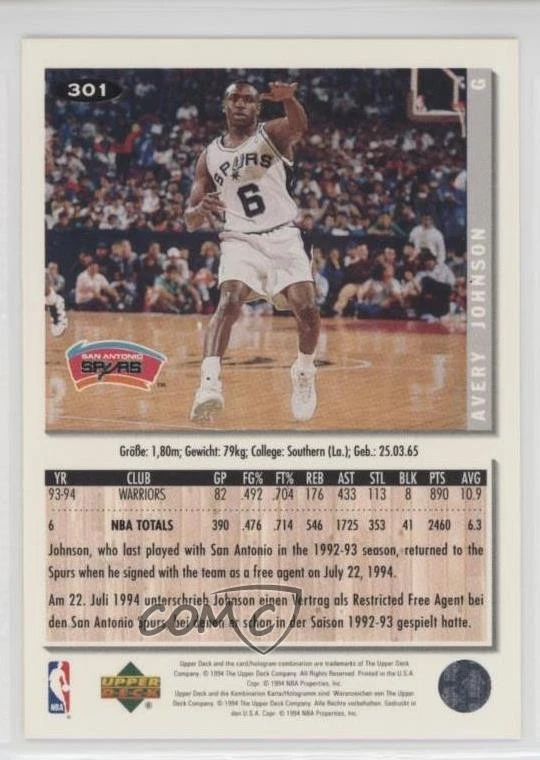 1994-95 Upper Deck Collector's Choice International German Avery Johnson #301 - Image 2 of 2