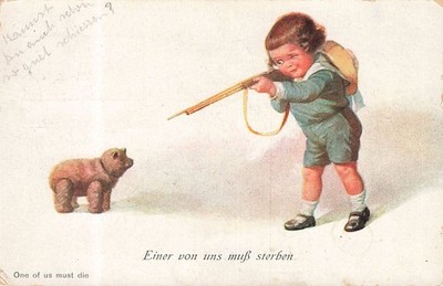 743189) Nice Children Joke Postcard ''One of us must die'' expired 1929