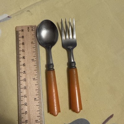 Vintage Small Children s Butterscotch Yellow Bakelite Spoon and Fork Set 4.5 